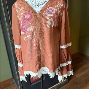 Boho Lace-Trim Floral Blouse - Rust